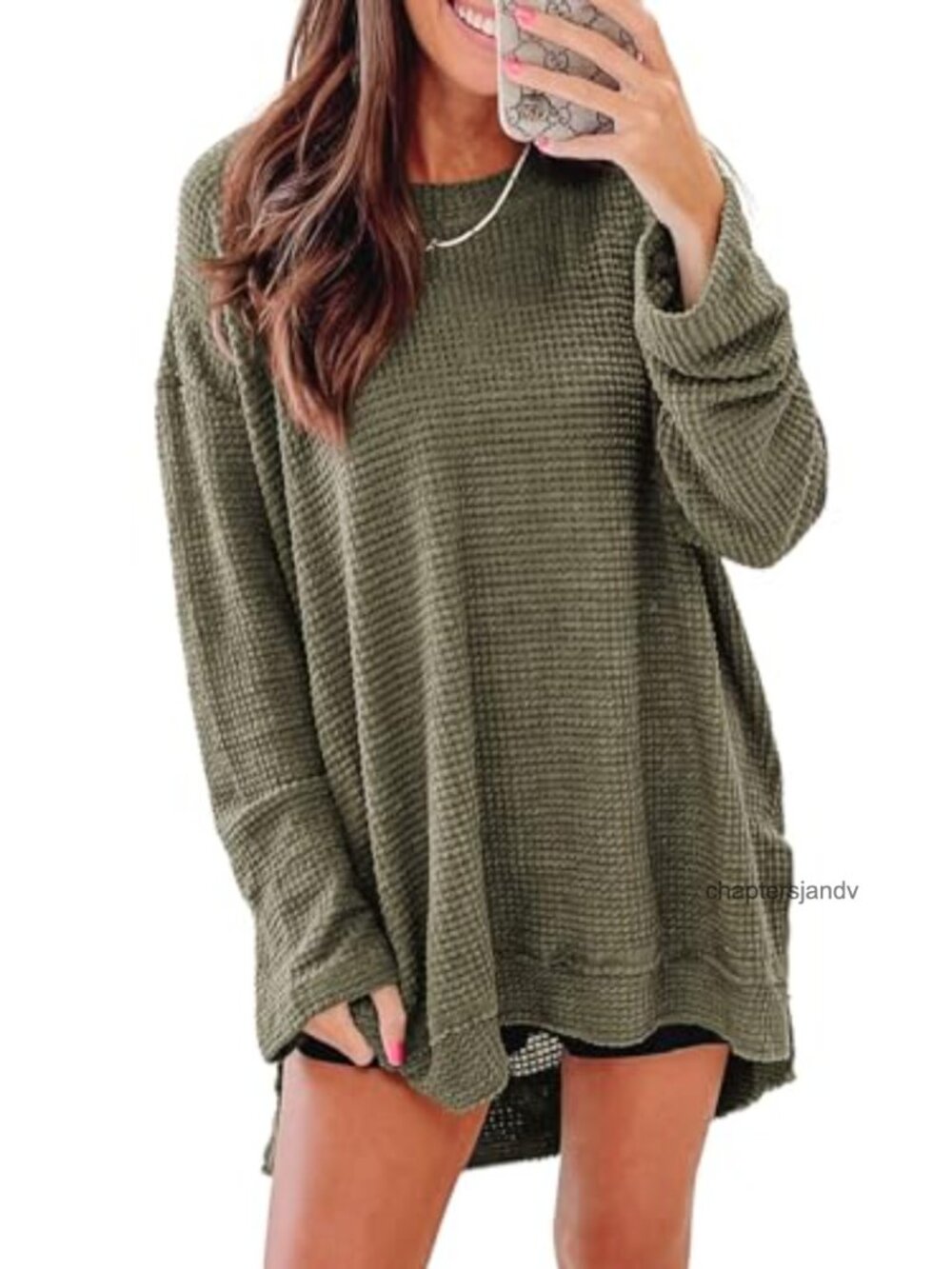Waffle Knit Oversized Sweatshirt Crewneck Long Sleeve Tunic Top